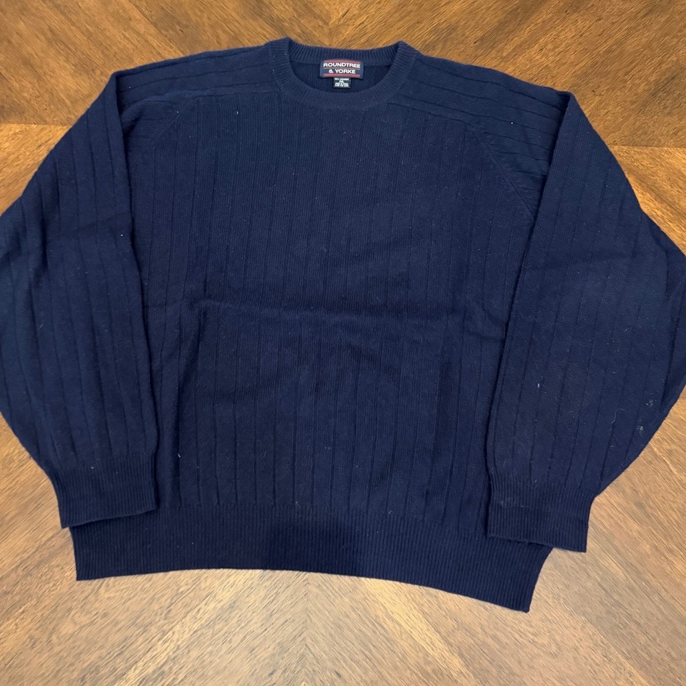 Roundtree & Yorke Mens XXL Navy Blue 100% Cashmere Ribbed Crewneck Sweater